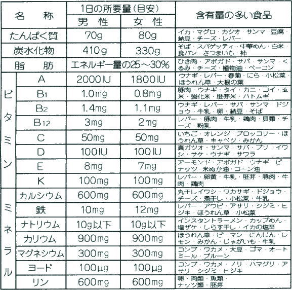 １日の栄養所要量